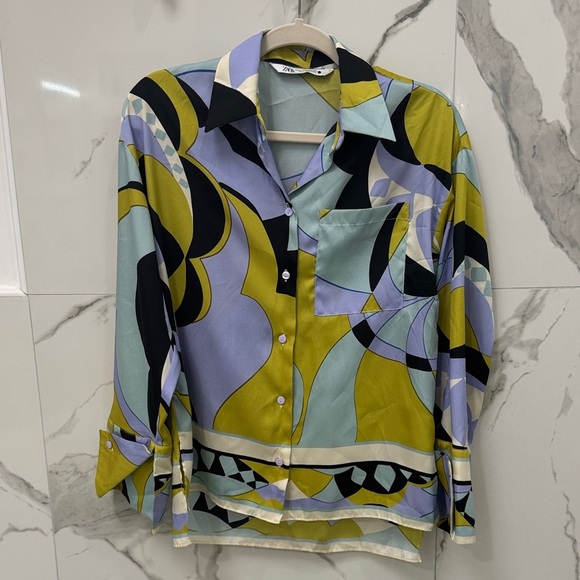 Zara Multicolor Abstract Button Down Long Sleeve Blouse - Picture 1 of 8